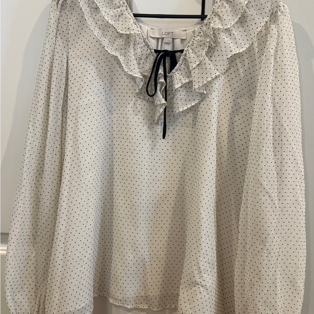 LOFT Feminime White Polka Dot Ruffle Blouse